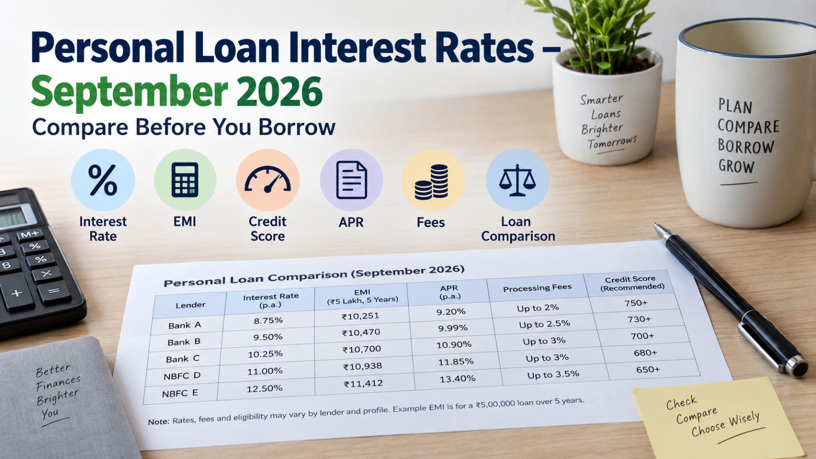 Personal loan interest rates in September 2026 showing interest rates, EMI, credit score, APR, fees and borrower loan comparison.
